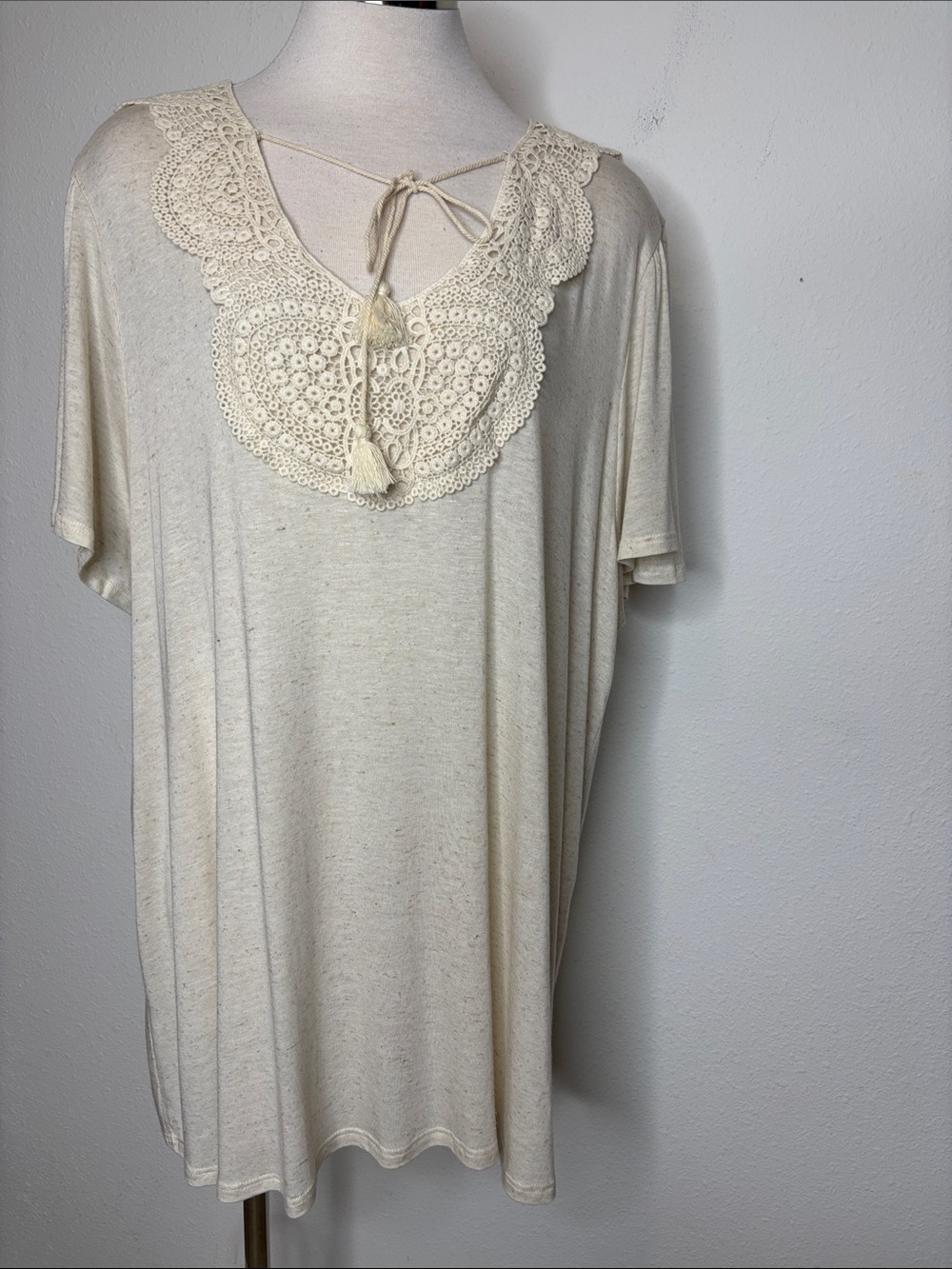 P.S. Love Crochet-Neck Short Sleeve Tee in Cream